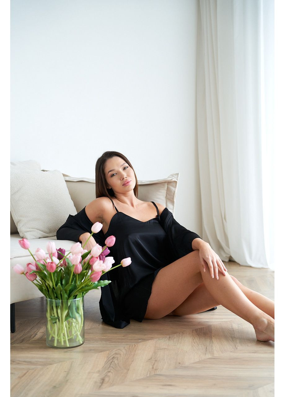 Жіночий шовковий комплект халат і сорочка для дому L-XL шоколад No Brand (371137265)