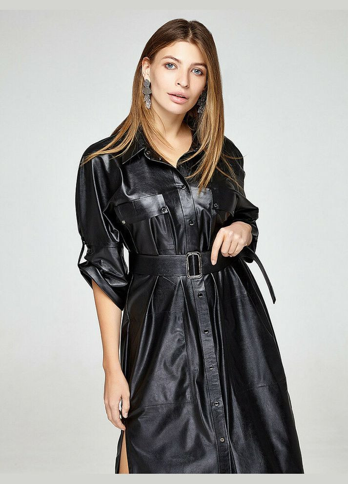 Черное женское платье-рубашка черное из эко-кожи mksh2376-1 Modna KAZKA