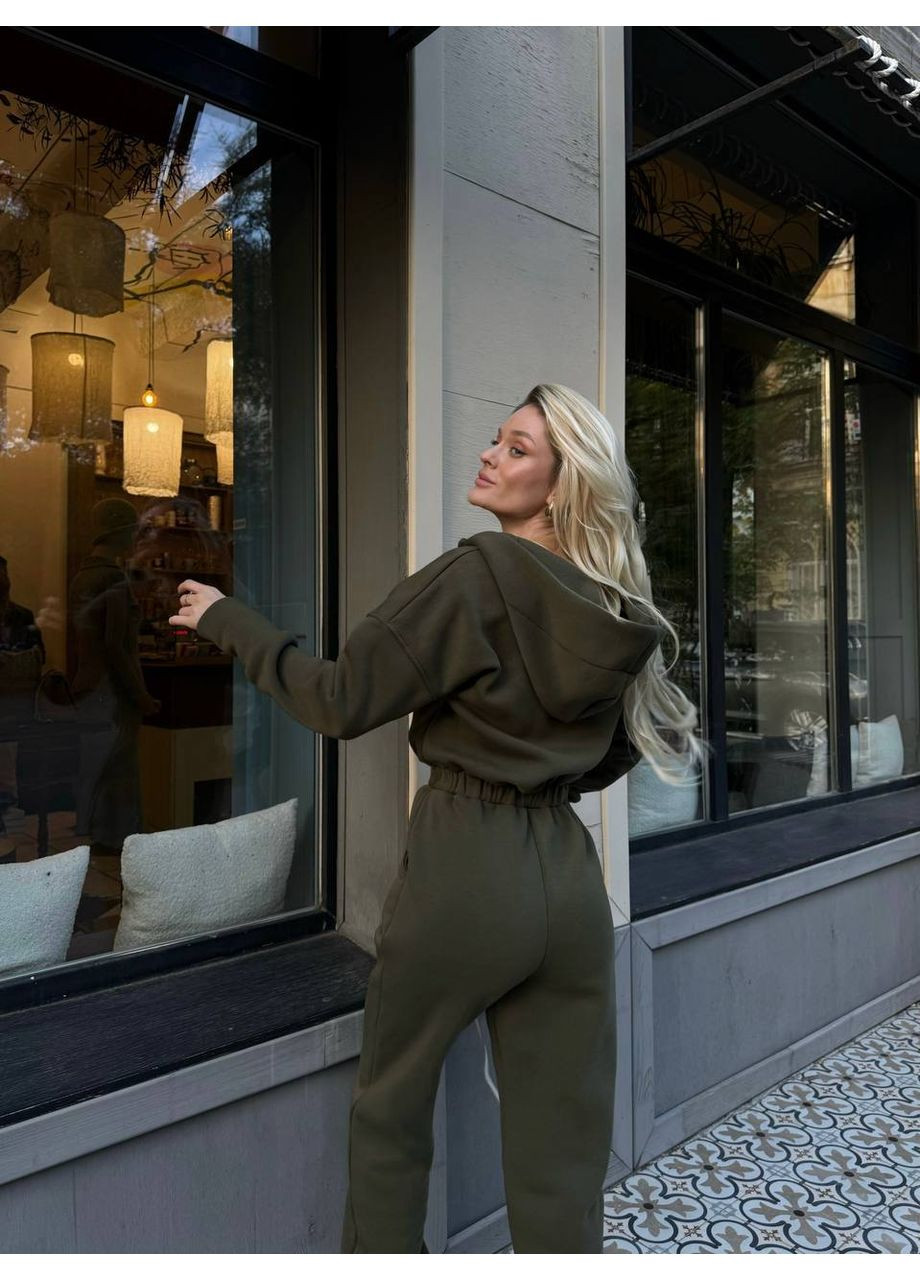 Жіночий стильний та практичний комбінезон Україна комбінезон-брюки однотонний хакі кежуал тринитка з начосом