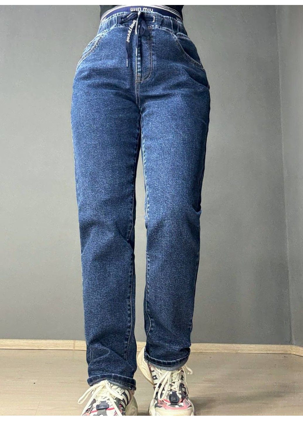 Джинсы женские 0250 МОМ бананы резинка на поясе батал большие размеры синие LDM - (360272231)