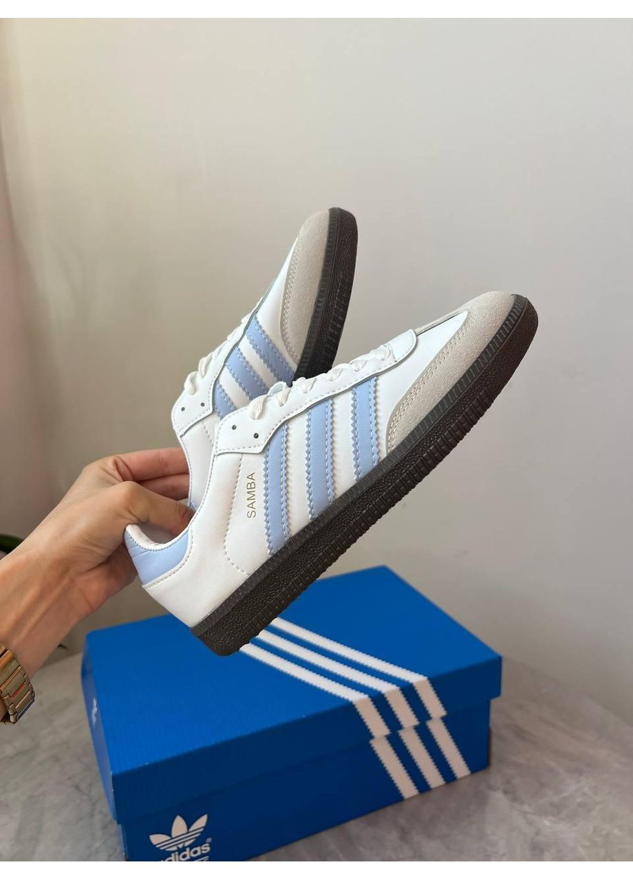 КРОССОВКИ ЖЕНСКИЕ ADIDAS SAMBA WHITE BLUE АДИДАС САМБА No Brand белые демисезоны (367168271)