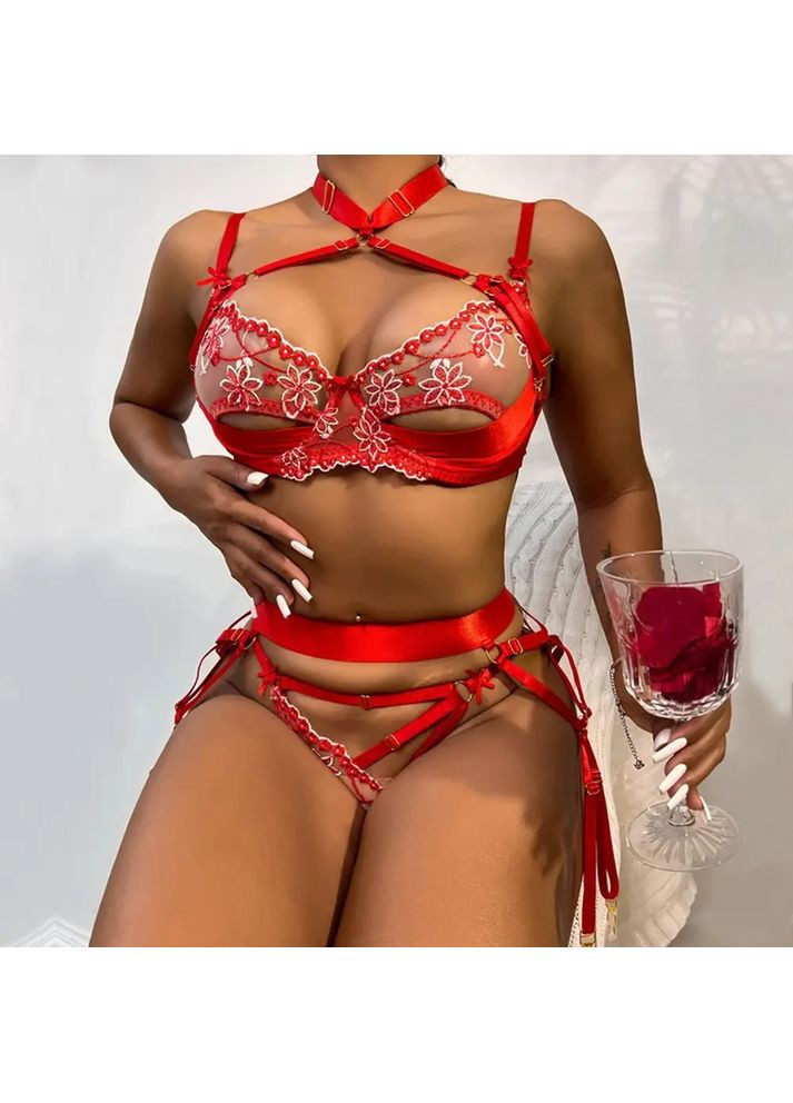 Червоний демісезонний мереживний комплект із поясом. мереживну спідню білизну. сексуальна прозора жіноча спідня білизна для інтиму xl, China