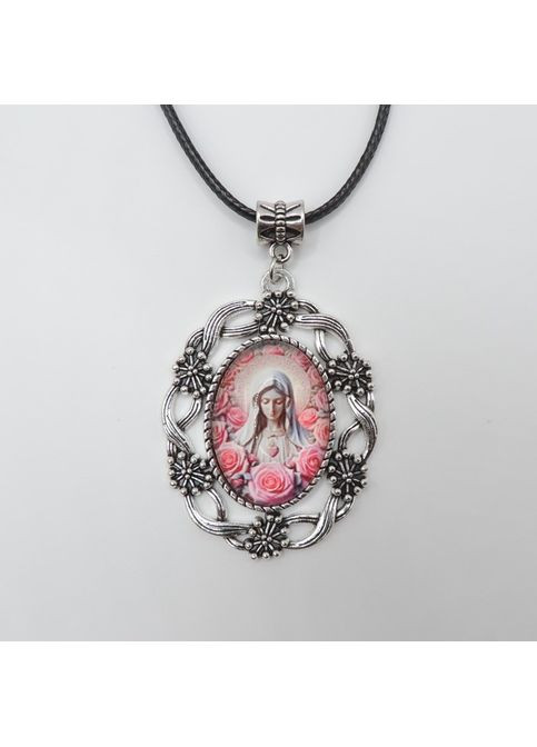 Сріблястий релігійний кулон з образом Діви Марії серед троянд, що дивиться вниз, ретро стиль, шнурок чорний 45+5 см Liresmina Liresmina Jewelry (361432874)