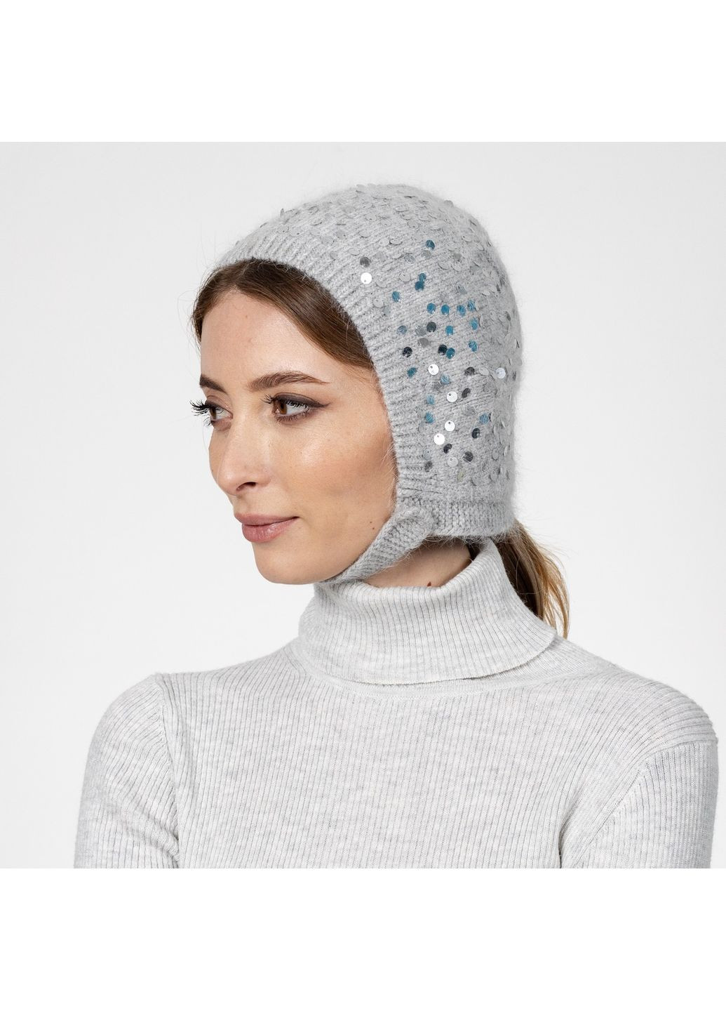 Шапка чепчик з паєтками жіноча ангора сіра ІВАННА LuckyLOOK 580-794 (322789498)