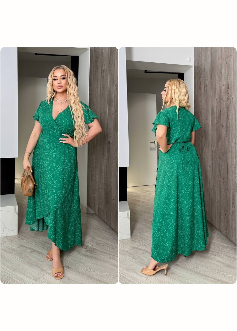 Изумрудное повседневный женское летнее платье на запах длины меди. на запах MonCher с цветочным принтом