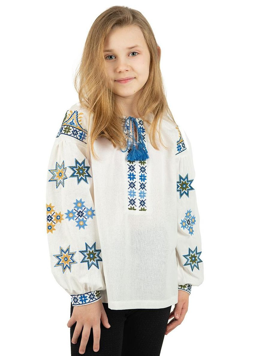 Молочная вышиванка для девочки лен молочная со звездами Україна лен (313453250)