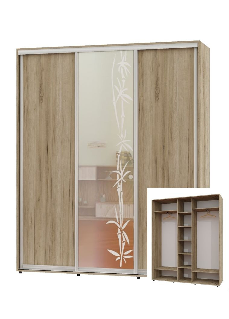 Шафа-купе тридверна 220*45*250 Дуб крафт сірий 2 ДСП/Дзеркало з піскострумним малюнком ШК-04 Алекса (360478335)