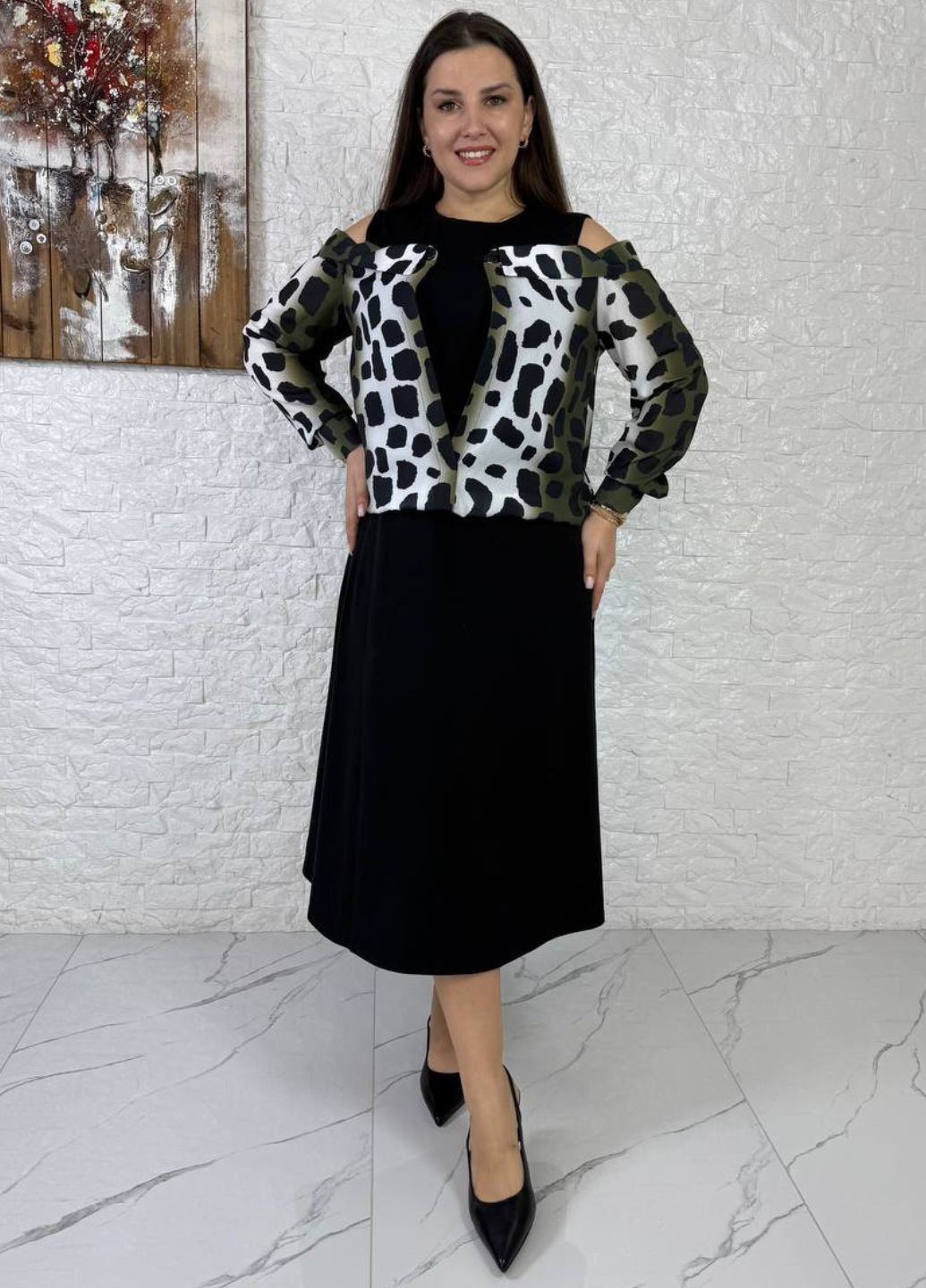 Оливкова (хакі) повсякденний вишукана повсякденна міді сукня з імітацією сорочки та довгими рукавами Tik-Tak з абстрактним візерунком