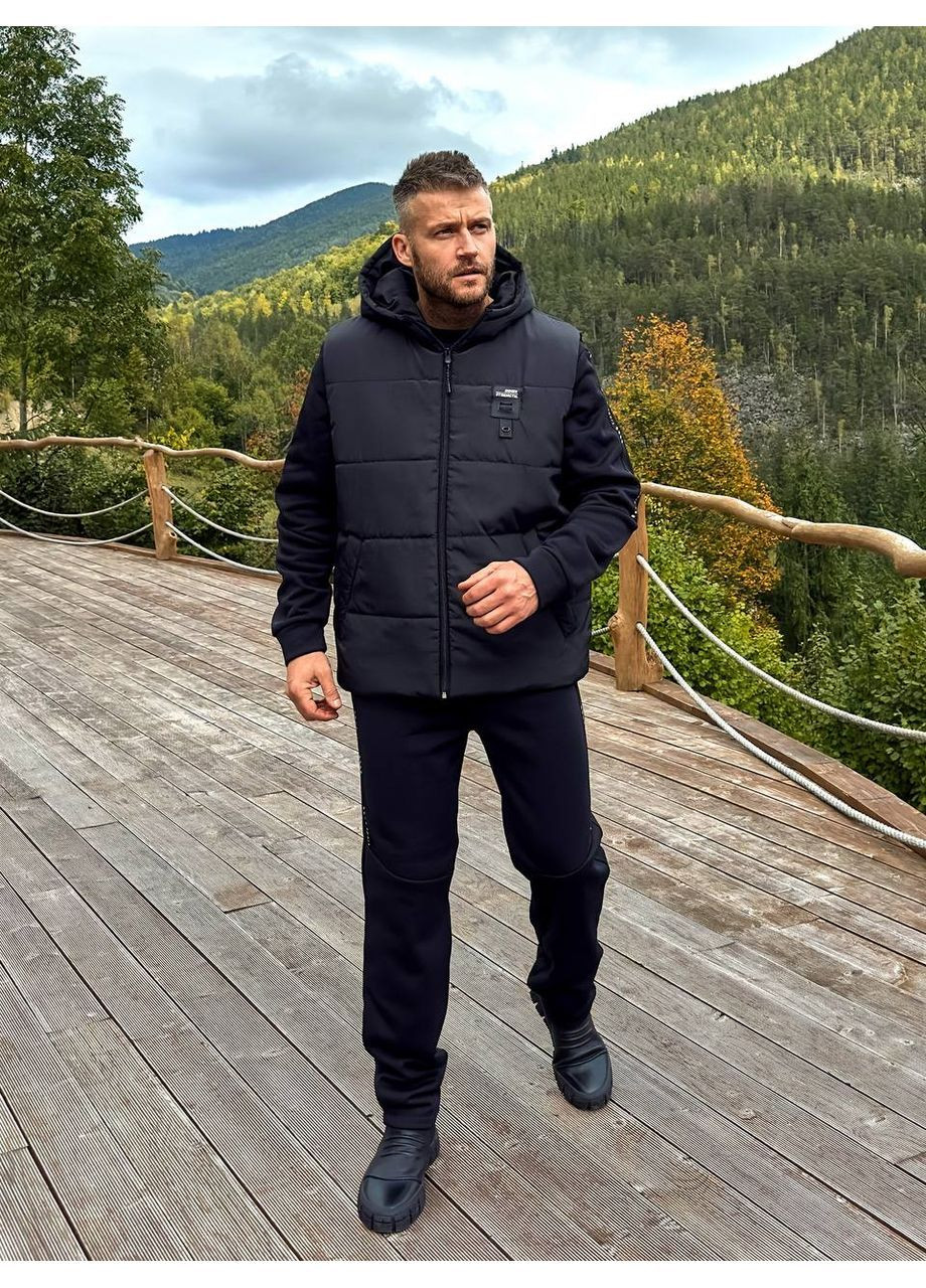 Чорний демісезонний костюм теплий трійка жилет плащівка канада,синтепон 150,штани та світшот трьохнитка на флісі Україна