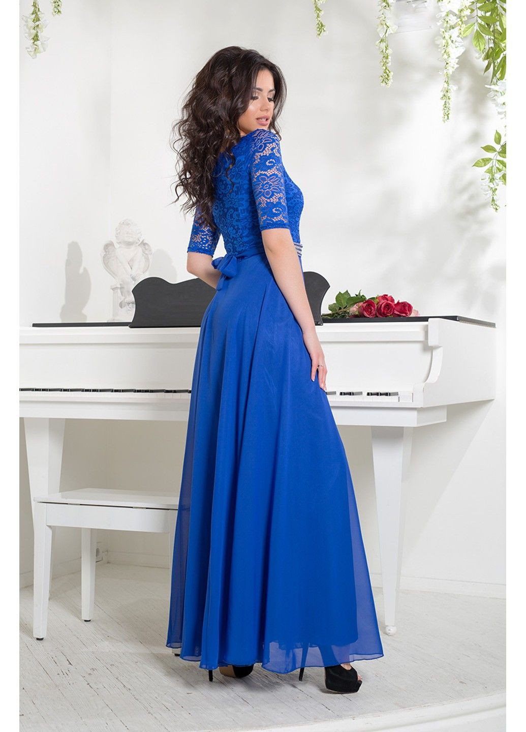 Синее вечернее платье гипюр шифон 6011 электрик Tanita-Romario
