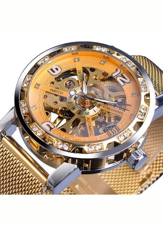 Жіночий механічний наручний годинник Forsining скелетон з відкритим механізмом і камінчиками жовті (sku_996Ж) No Brand (346078150)