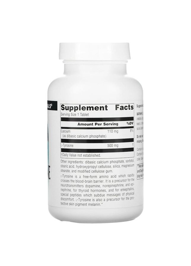 L-тирозин L-Tyrosine 500 mg, 100 таблеток для концентрації уваги Source Naturals (322209331)