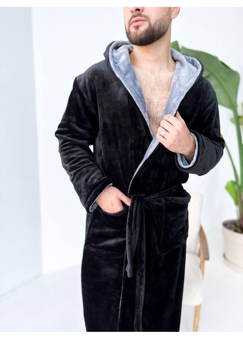 Чоловічий теплий халат, / Халат чоловічий м’який з капюшоном, чорний / Чоловічий велюровий халат із поясом і кишенями No Brand (367610200)