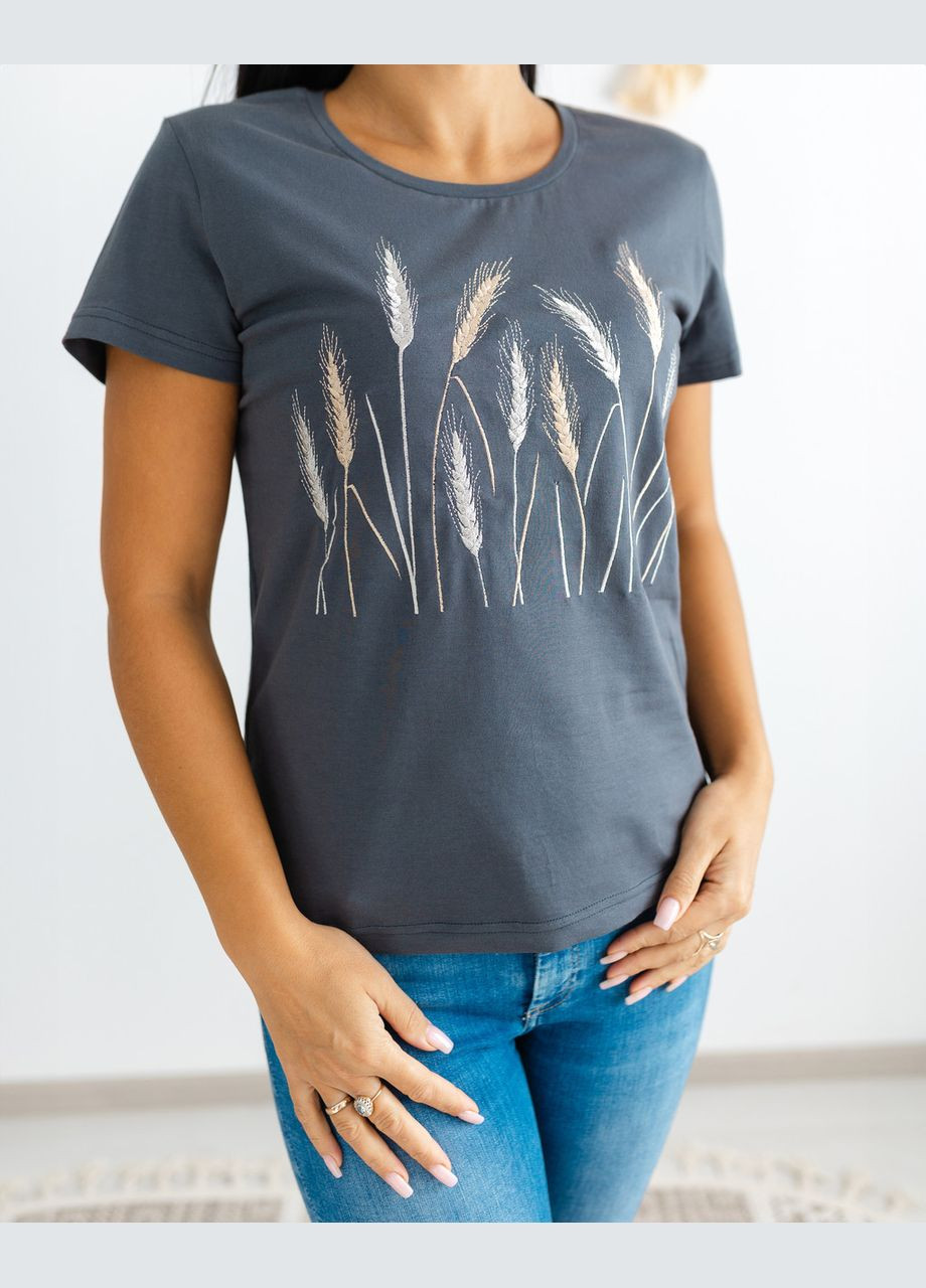Футболка с вышивкой Хлебное поле графит, футболка вышивка, футболка вышиванка, футболка с вышиванкой No Brand - (316251938)
