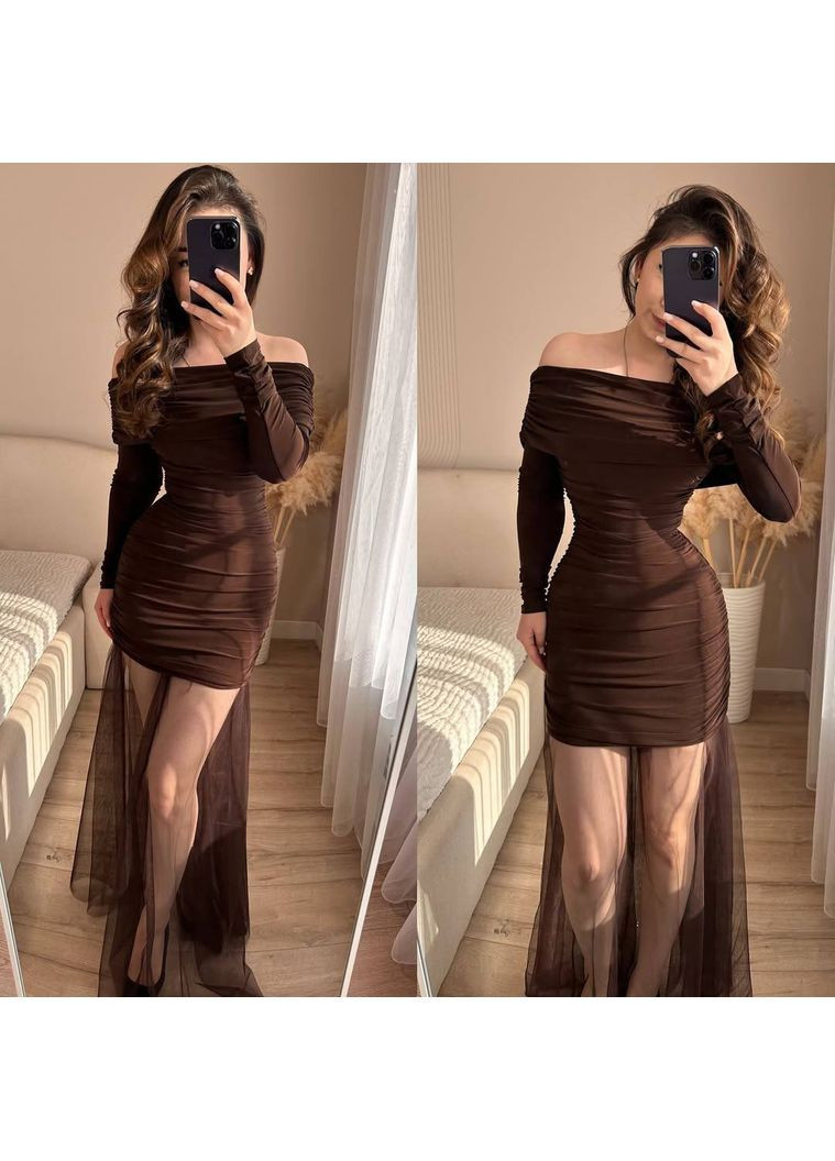 Коричневое праздничный, коктейльное, вечернее женское платье силуэтная No Brand однотонное
