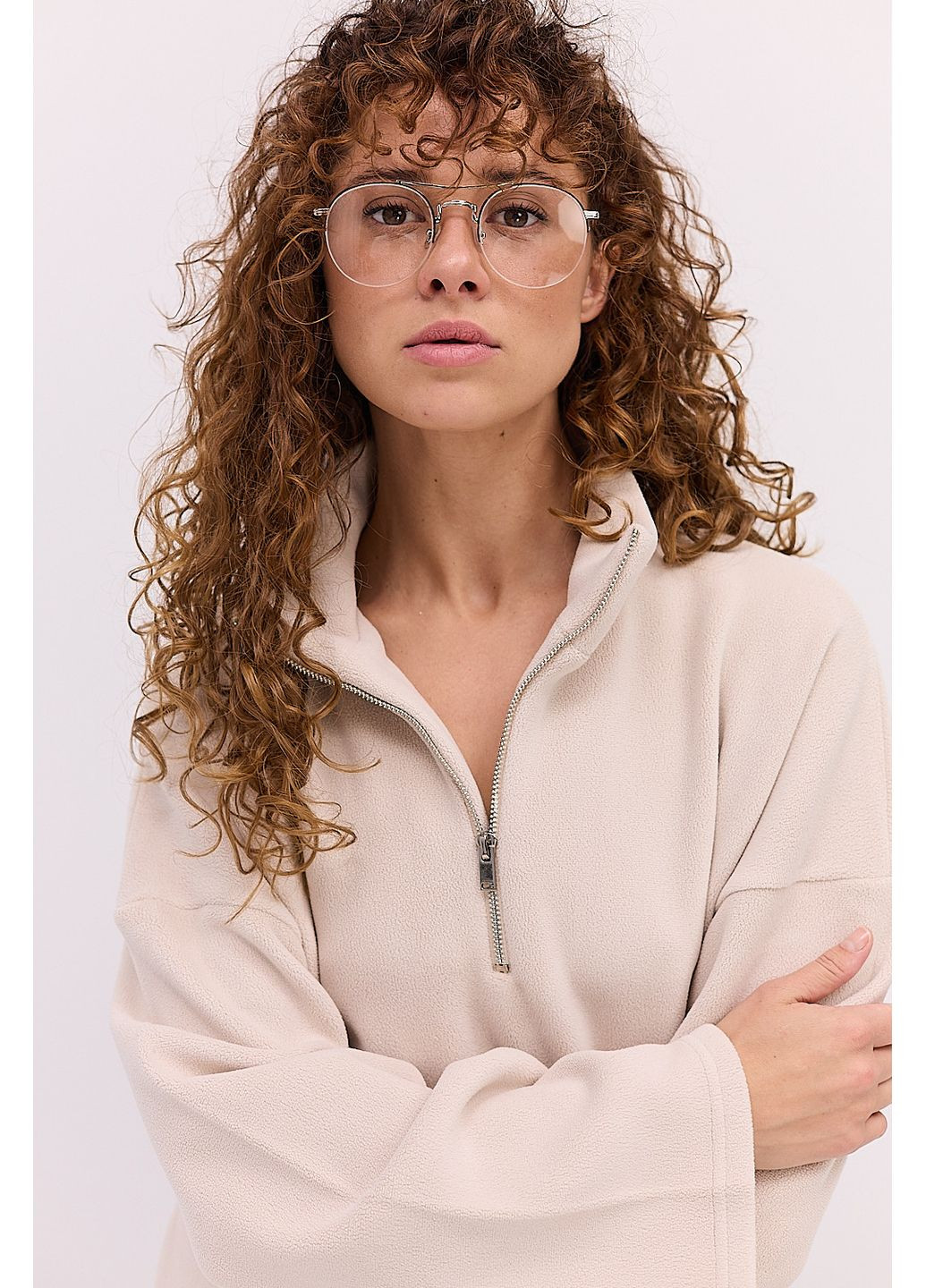 Светло-бежевый женский флисовый свитшот с воротником на молнии Arjen (361314428)