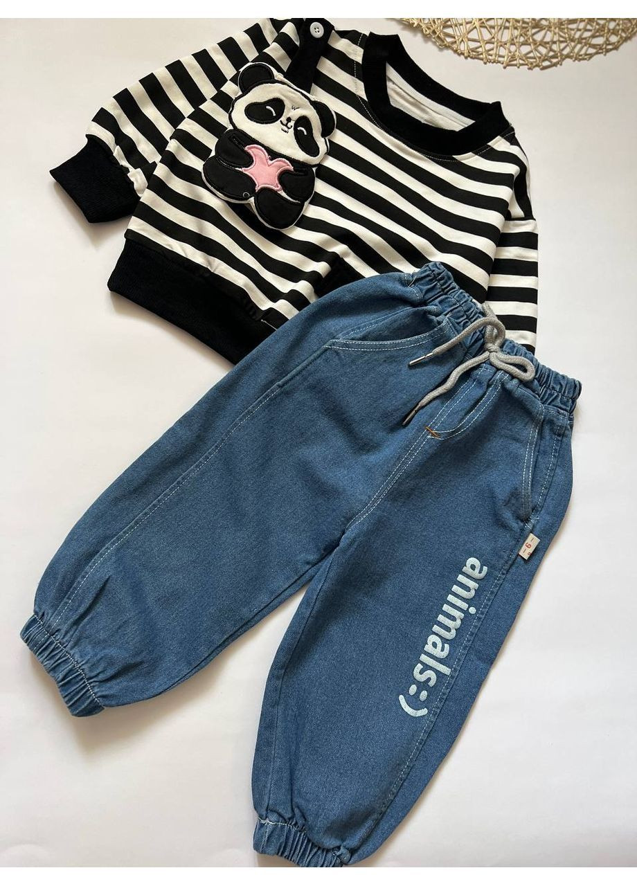 Черно-белый демисезонный детский : джинсы и кофта с аппликацией «панда» брючный No Brand костюм
