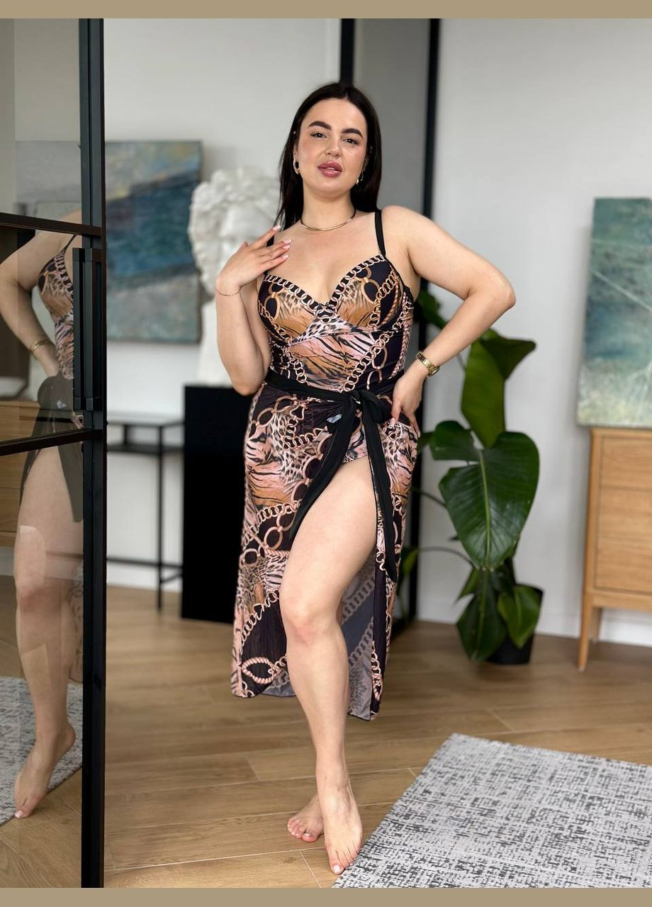 Коричневый летний пляжный комплект для девушек plus size: сплошной купальник + парео слитный Vakko