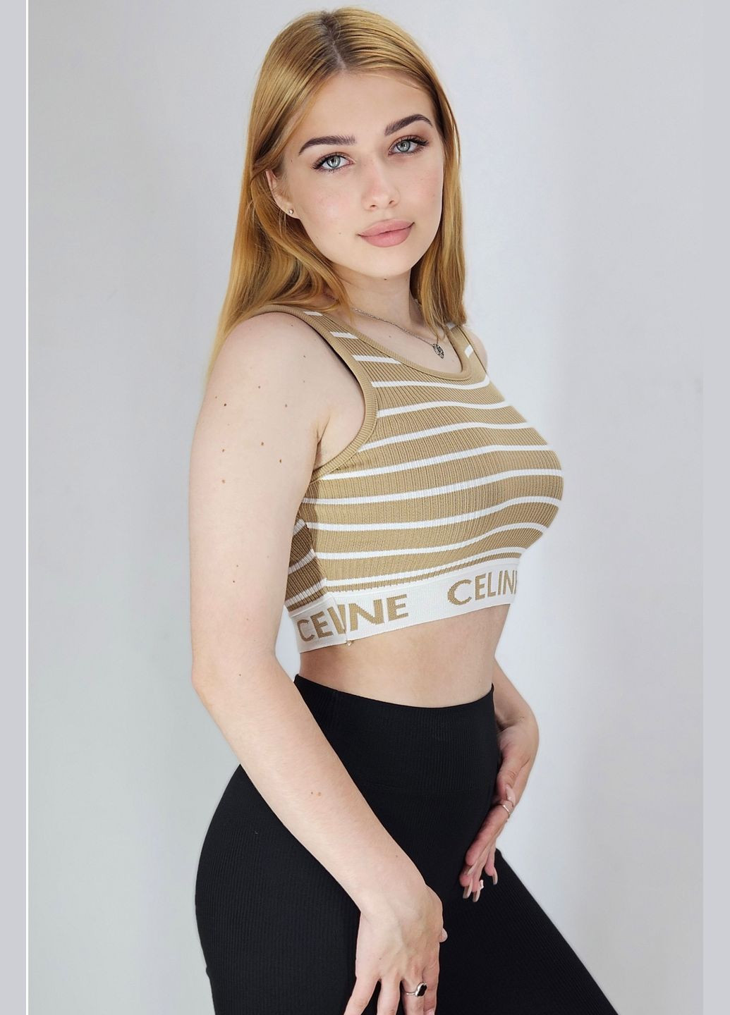 Топ-майка в рубчик женский бежевого цвета Let's Shop — 296777454