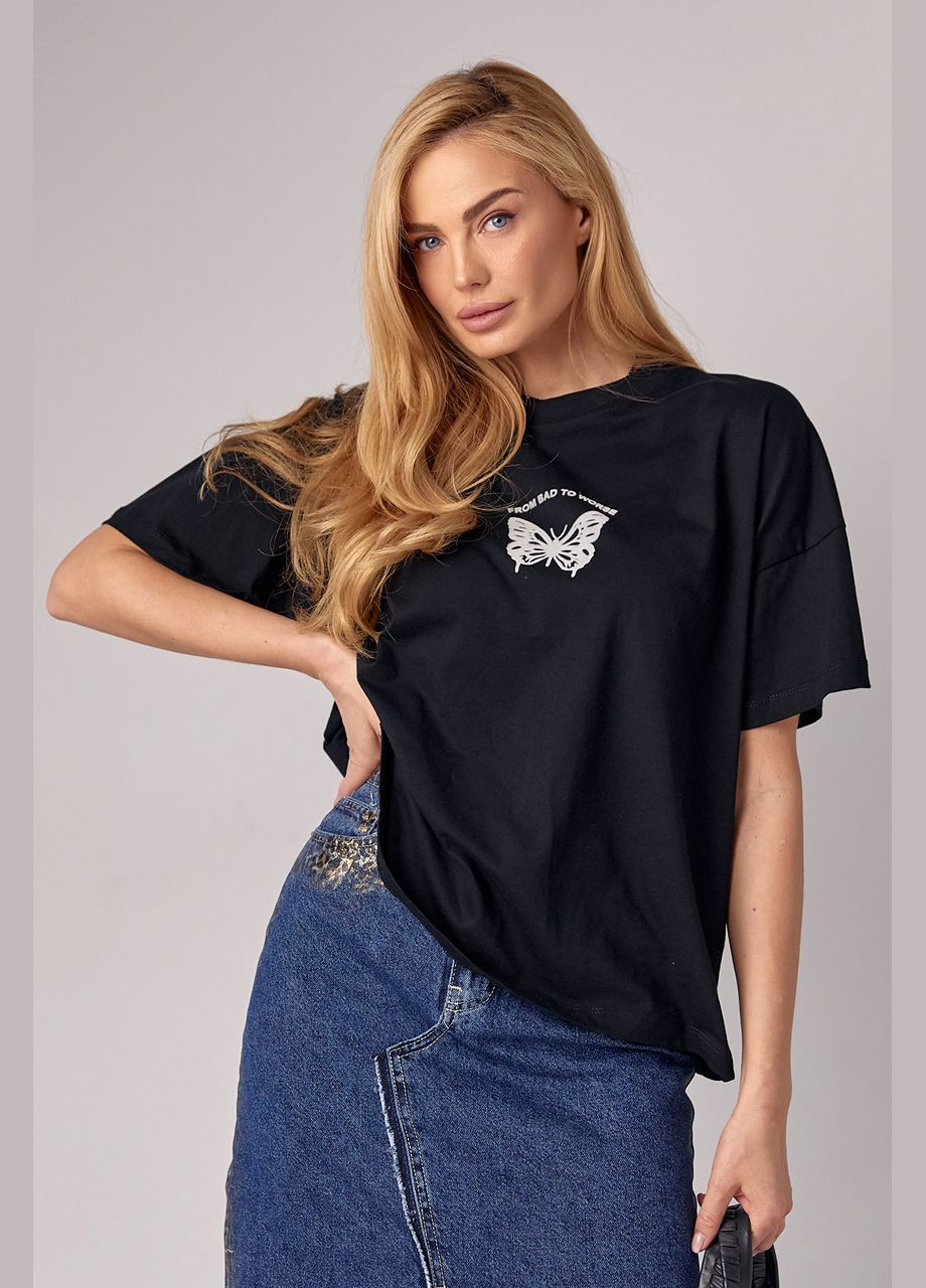 Чорна літня жіноча футболка oversize з метеликом Lurex