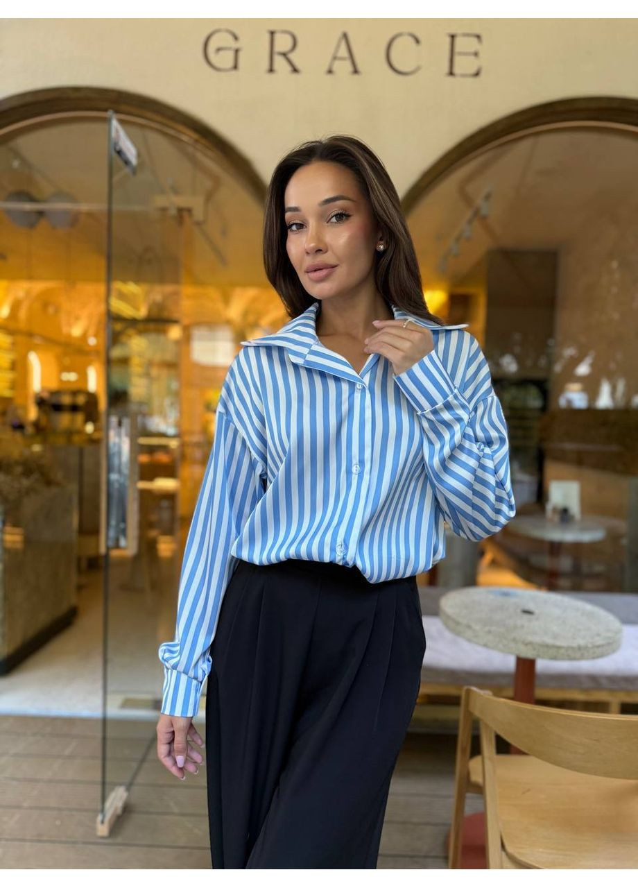 Голубой повседневный рубашка однотонная DK/DL Мода без кордонів с длинным рукавом