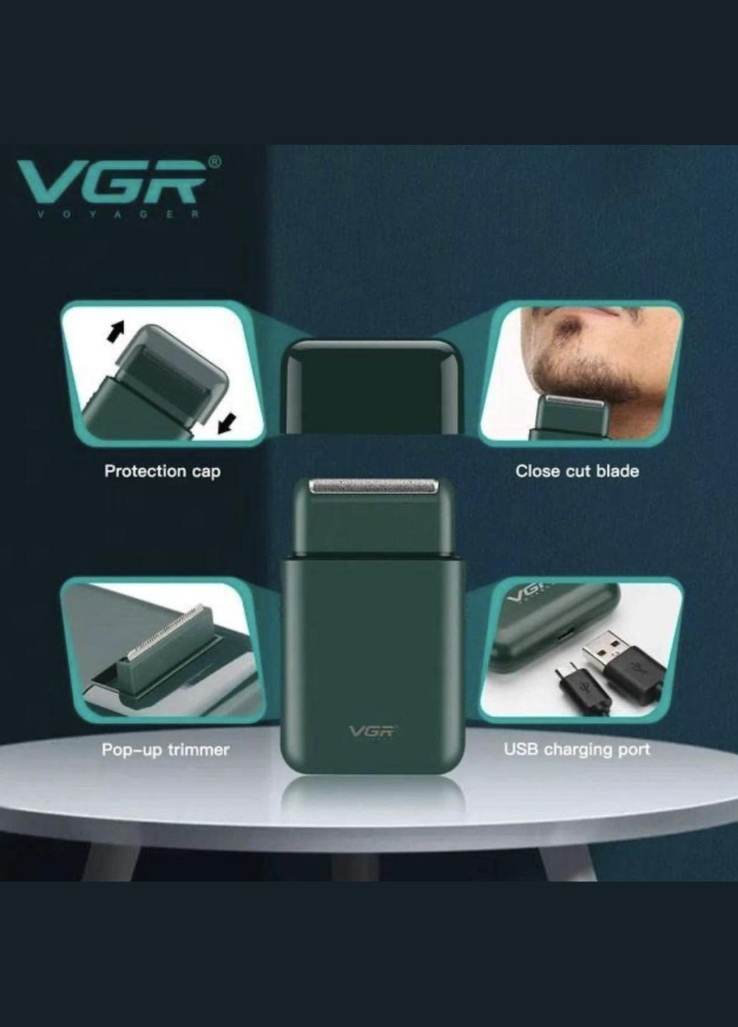 Електробритва Акумуляторна Шейвер Чоловіча Сіткова V-390 Pro Темно-зелена VGR (306716816)