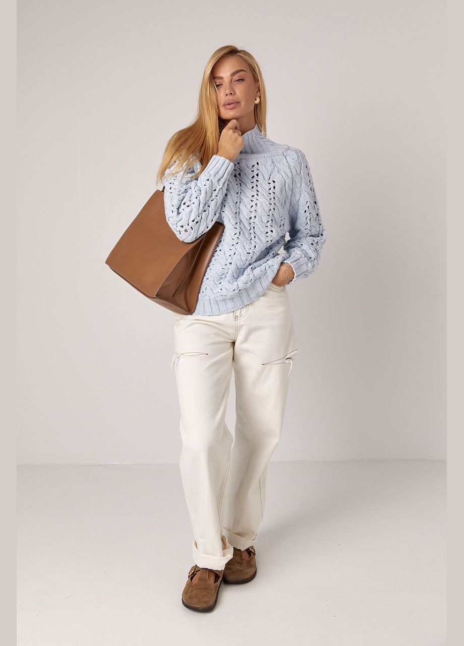 Блакитний демісезонний в'язаний жіночий светр з ажурними візерунками - блакитний колір, l (sku_225) No Brand