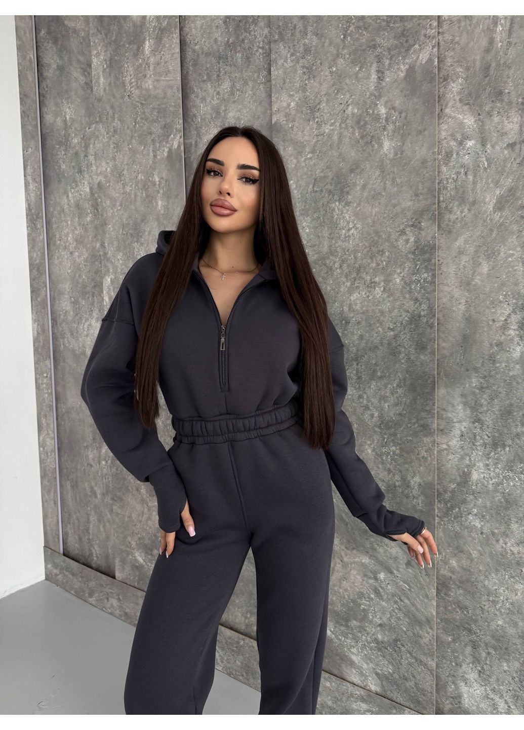 Женский комбинезон на флисе Avanti комбинезон-брюки однотонный графитовый повседневный трехнитка с начесом