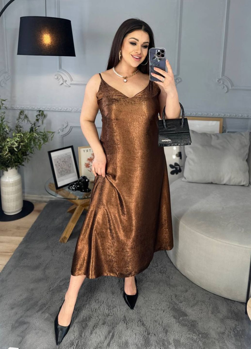 Темно-золотистий святковий стильна шовкова сукня No Brand однотонна