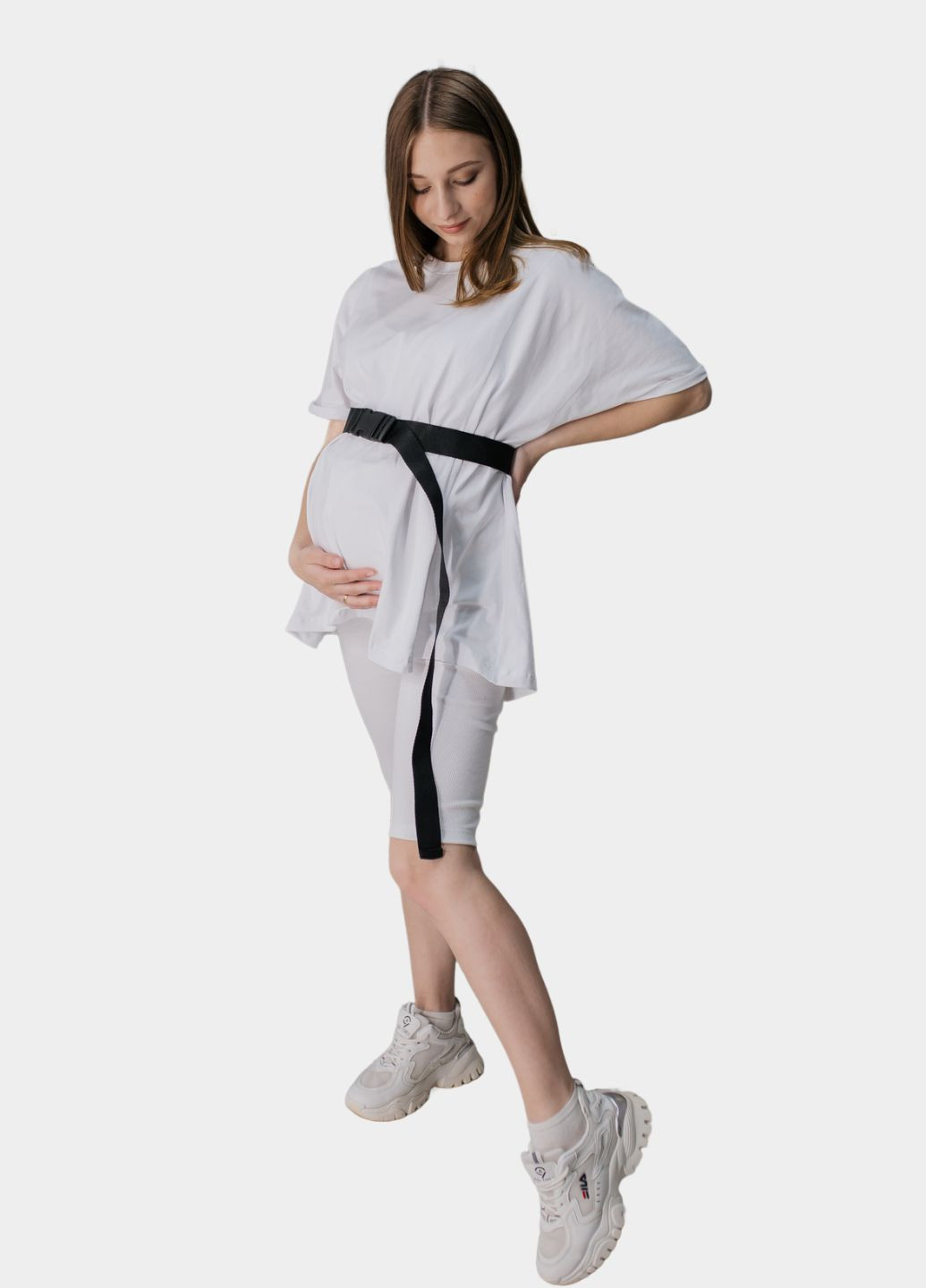 Біла всесезон футболка для вагітних оверсайз з коротким рукавом HN