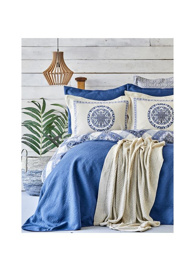 Набор постельного белья с покрывалом + плед Levni mavi 2020-1 синий евро Karaca Home (285778487)