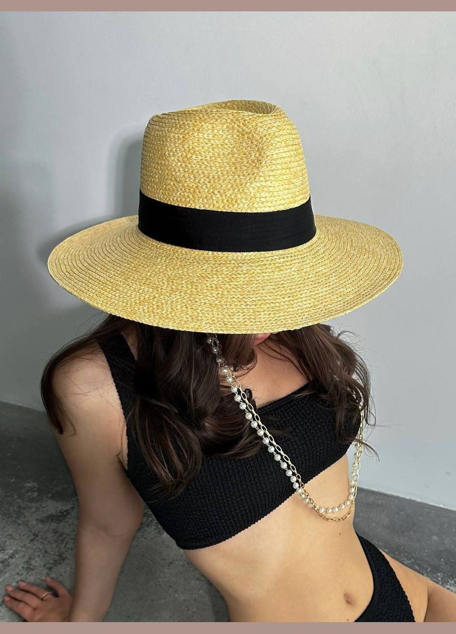Літній солом'яний капелюх Федора із широкими полями і ланцюжком Zarina Green No Brand (293815354)
