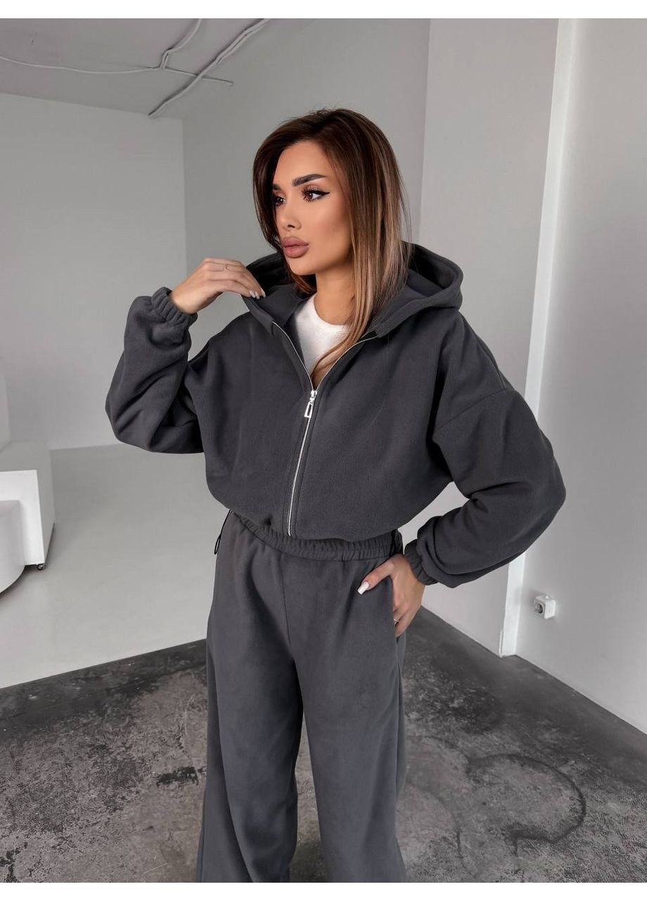 Костюм 10525 двухсторонний флис Полар Турция, с затяжками кофта и брюки Україна графитовый