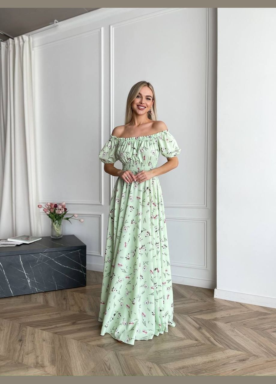 Фісташкова повсякденний, вечірня, кежуал жіноча сукня з відкритими плечима Style Point з квітковим принтом