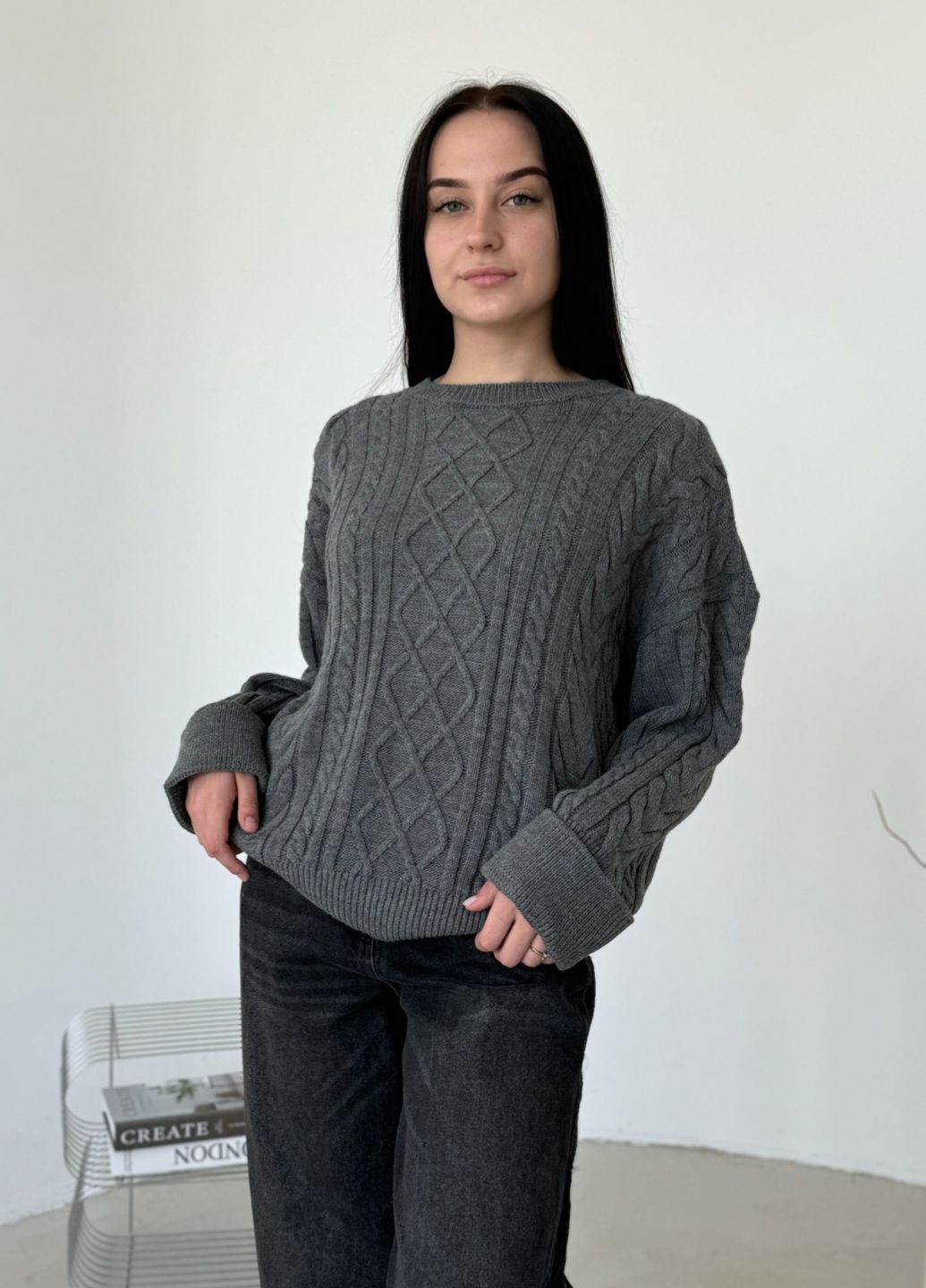 Сірий демісезонний в’язаний джемпер косичка джемпер No Brand