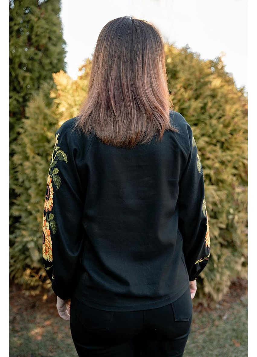 Чёрная черная женская вышиванка с подсолнухами длинный рукав лен вышивка крестом контрастная, s лен (301034528)