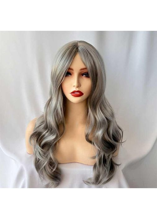 Перука сіра попеляста хвиляста без чубчика з проділом 60 см - (372733806)