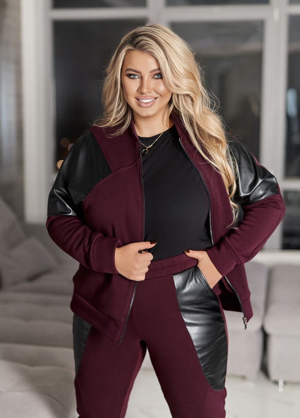 Спортивний костюм жіночий зимовий з тринитки на флісі та екошкіри (бомбер + штани) No Brand (365701193)