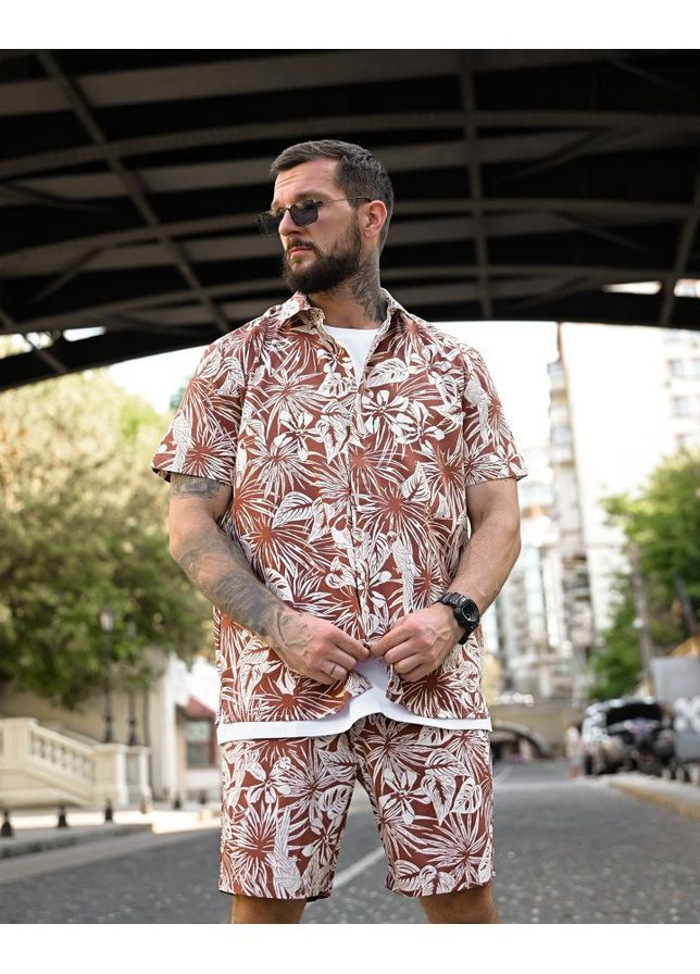 Чоловічий літній костюм Гаваї коричневий шорти та сорочка No Brand (350199728)