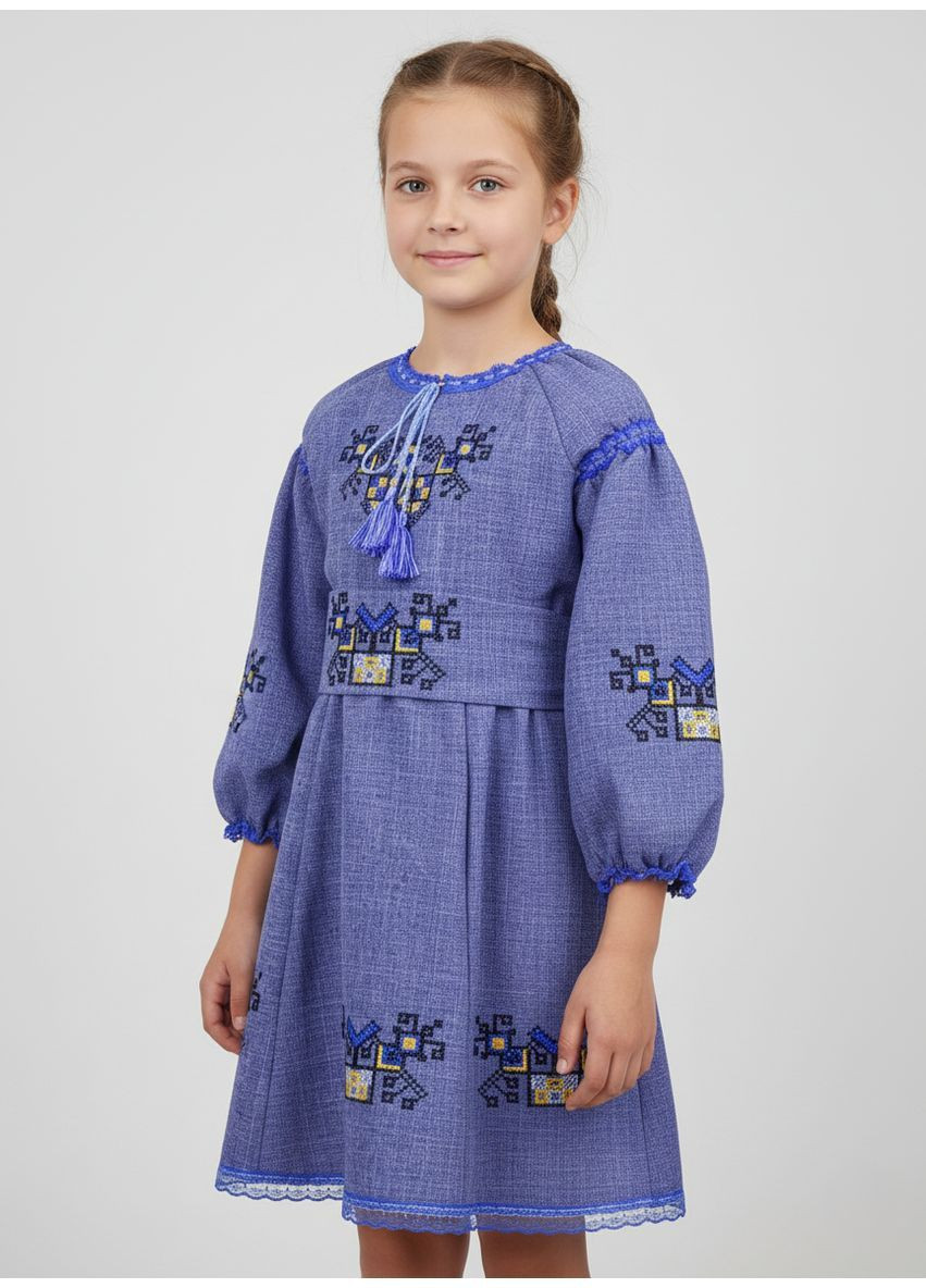 Синяя синее вышитое платье для девочки дерево-жизнь НоКо узор орнамент габардин (370886108)