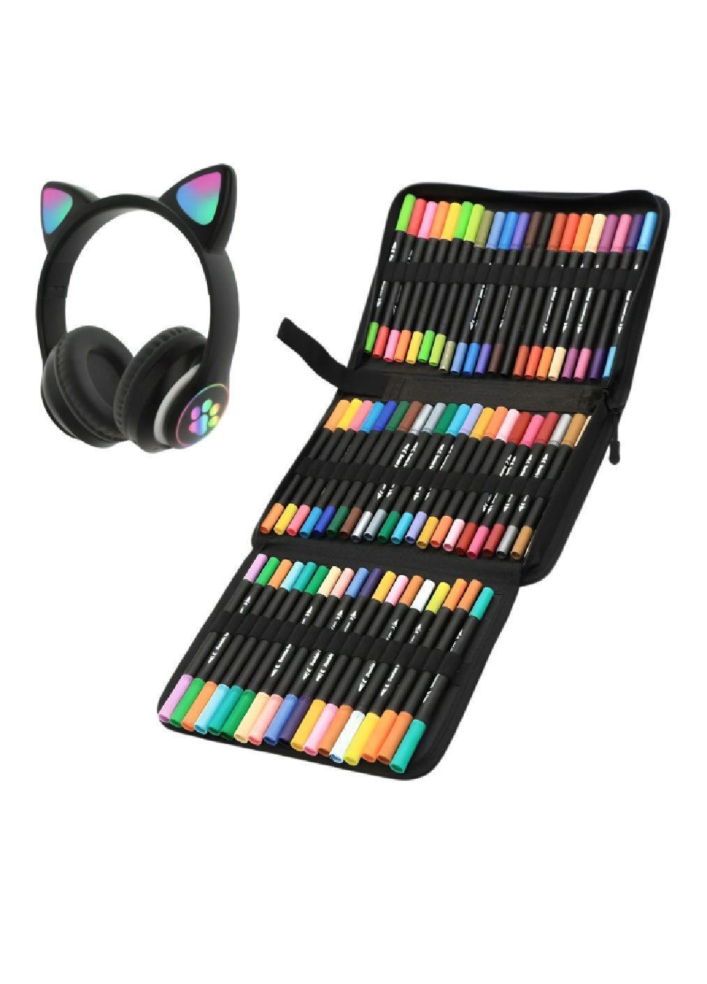 Комплект набір двосторонніх акварельних скетч маркерів в чохлі кейсі 60 штук з бездротовими блютуз навушниками (481878-Prob) Unbranded (367592537)