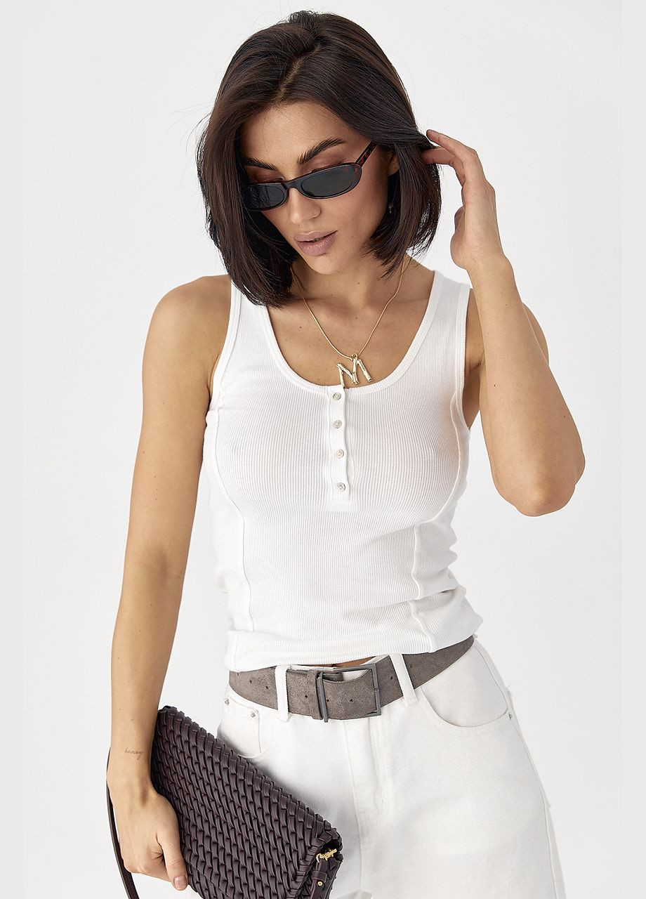 Приталенная майка в рубчик с декоративными швами - синий цвет Lurex — 330988615