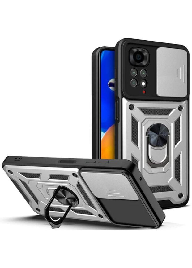 Накладка ударопрочная с держателем и защитой камеры для Xiaomi Redmi Note 11S 4G / Серебристая X-level (338617828)