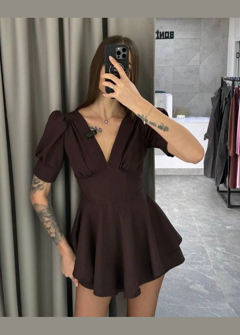 Коричнева повсякденний, святковий, вечірня жіноча сукня - комбінезон кльош Україна однотонна