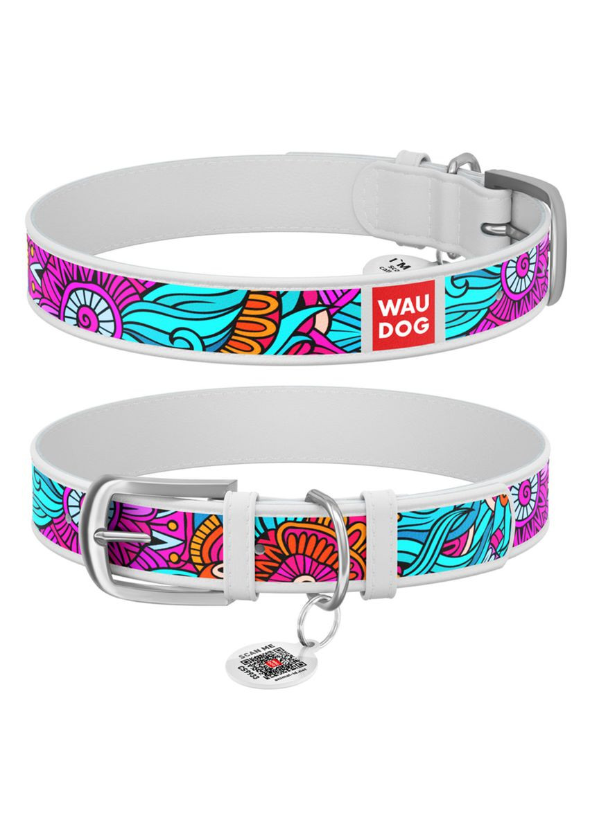 Ошейник для собак кожаный Design с QR паспортом, рисунок "Лето", XXS, Ш 12 мм, Дл 18-24 см, WAUDOG (279573232)