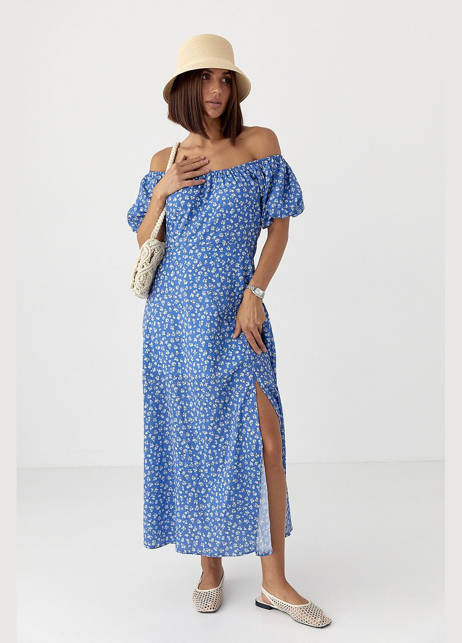Синя квіткова сукня з рукавами-ліхтариками Lurex