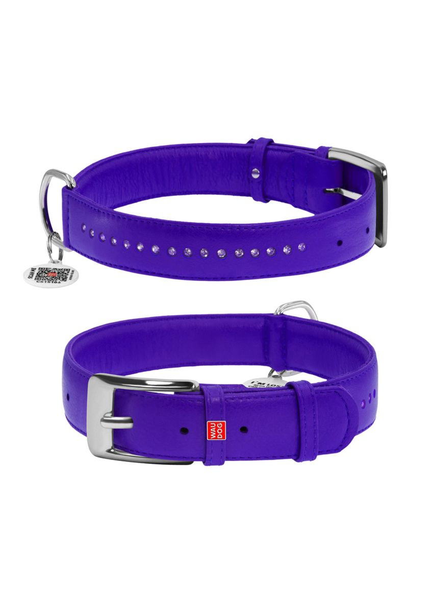 Ошейник для собак кожаный Glamour с QR паспортом, двойной со стразами, S, Ш 15 мм, Дл 27-36 см фиолетовый WAUDOG (332879733)
