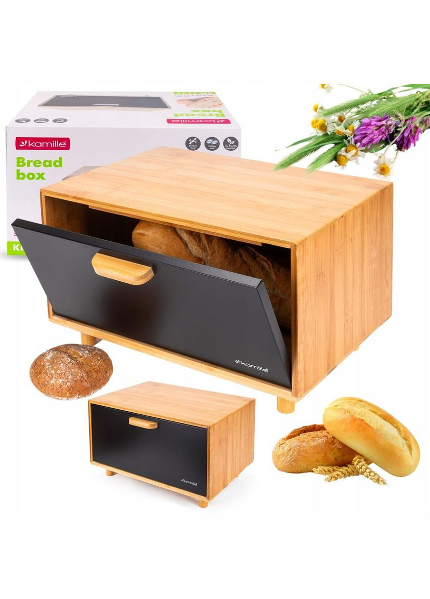 Хлібниця бамбукова з чорною кришкою зі сталі 36×26×23 см KM-1123 Kamille (366818072)