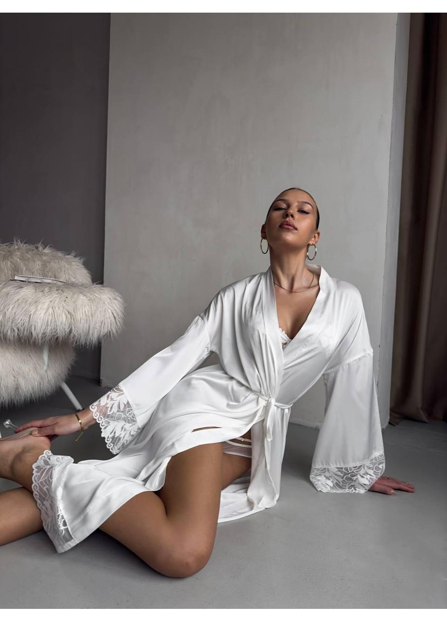 Халат шовковий з мереживом / Халат атласний довгий білий з поясом No Brand (366571677)