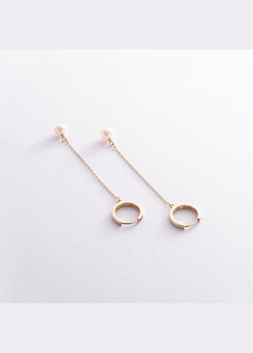 Сережки - кільця Перлина на ланцюжку у жовтому золоті с08356 Oniks (264644687)